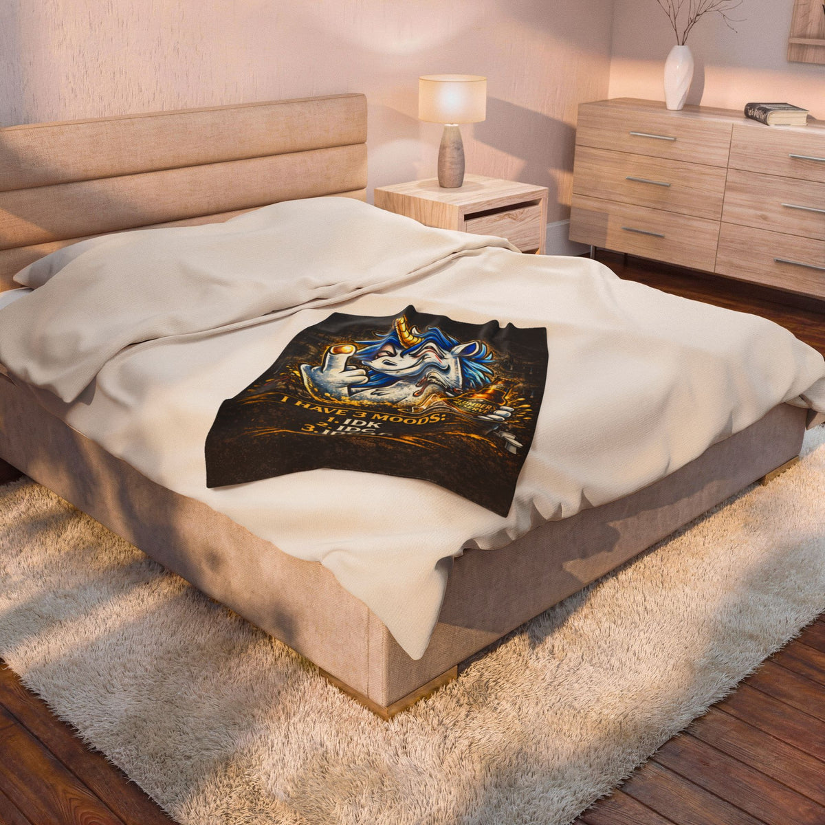 Velveteen Plush Blanket — Funny Unicorn ‘I Have 3 Moods: IDK, IDC, IDGAF’ Throw