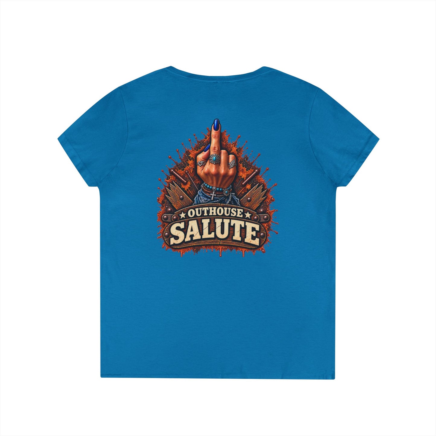 Outhouse Salute V-Neck Tee — Bold Back Graphic Ladies' T-Shirt