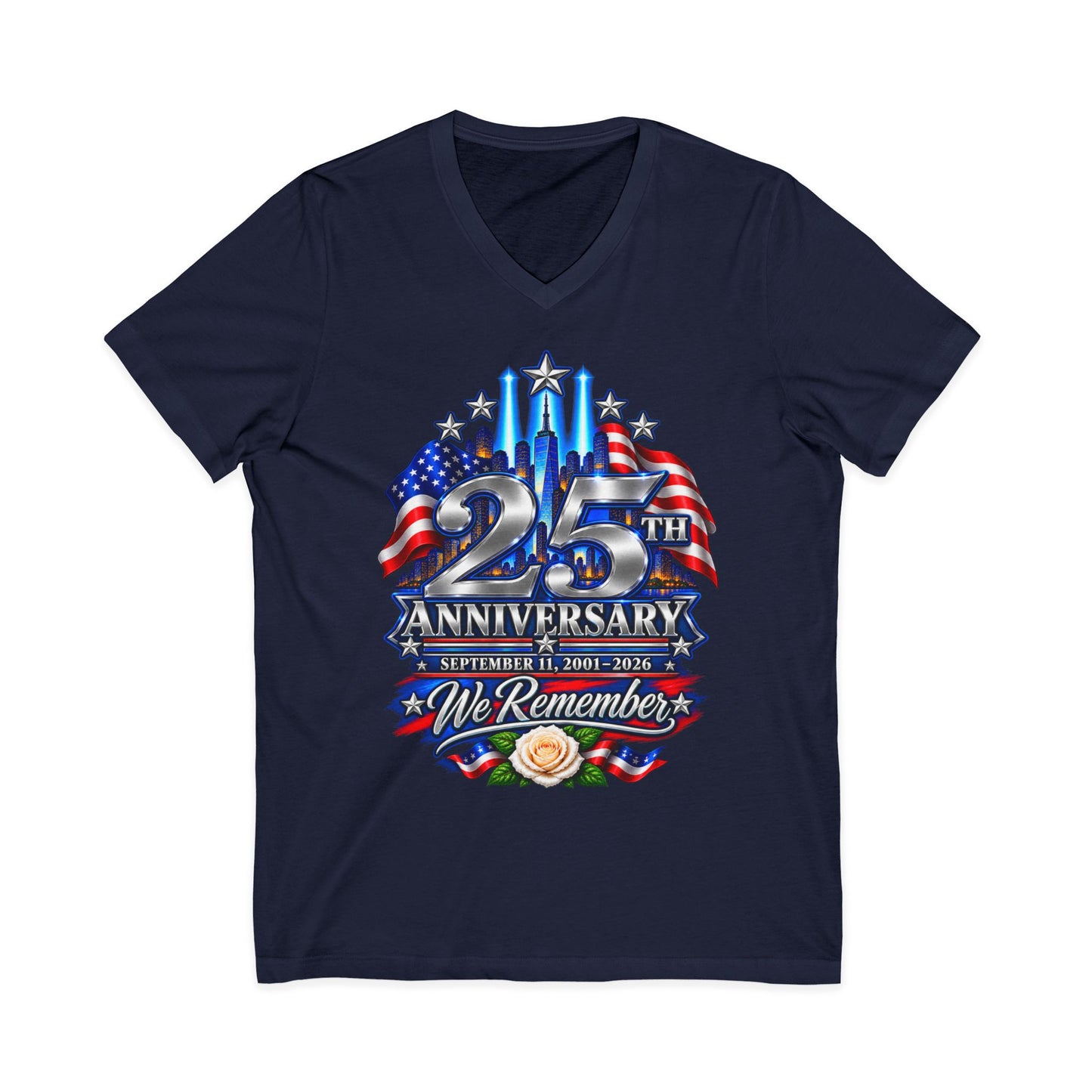 September 11 25th Anniversary Women’s V-Neck Tee — We Remember 2001–2026