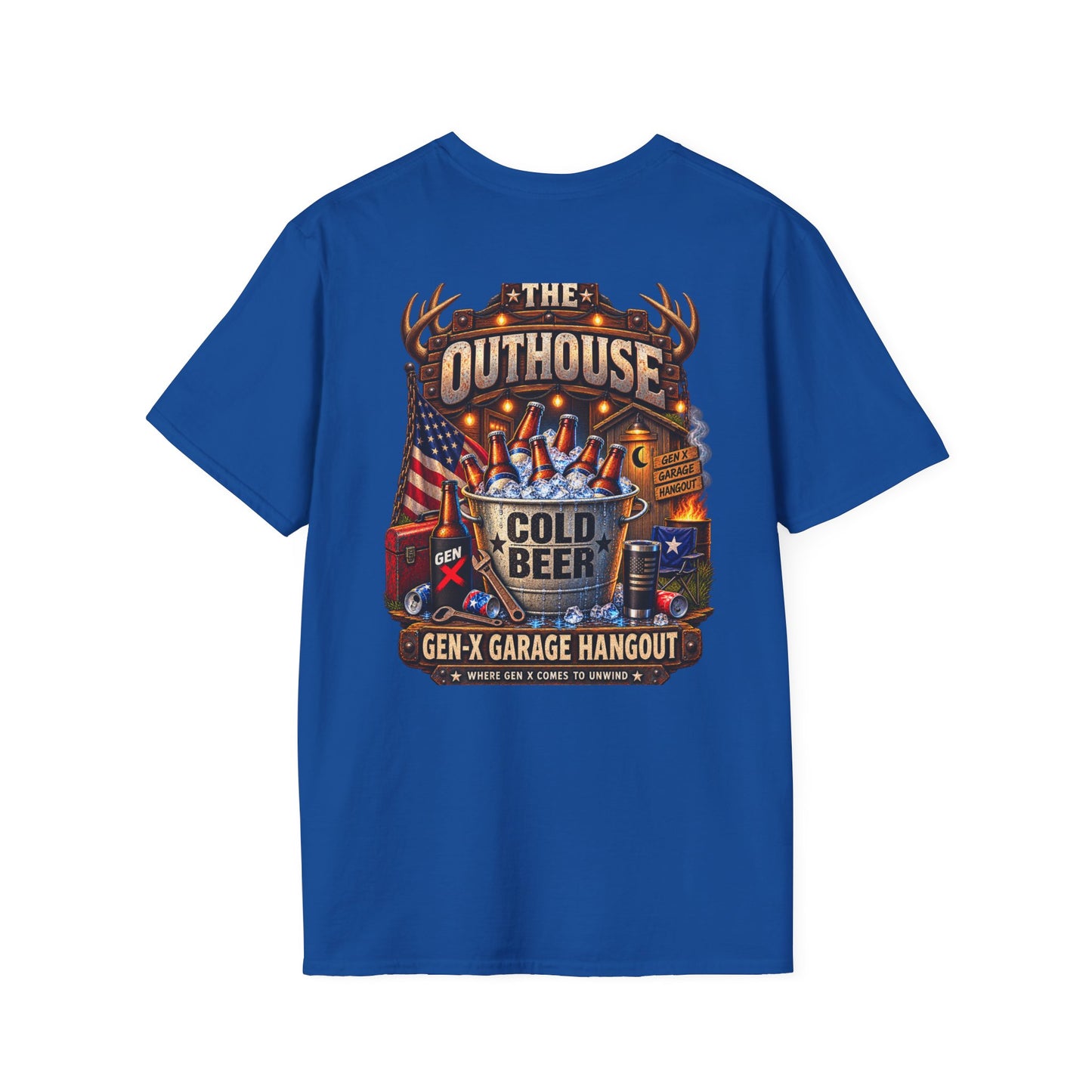 The Outhouse Cold Beer T-Shirt — Gen‑X Garage Hangout Graphic Tee