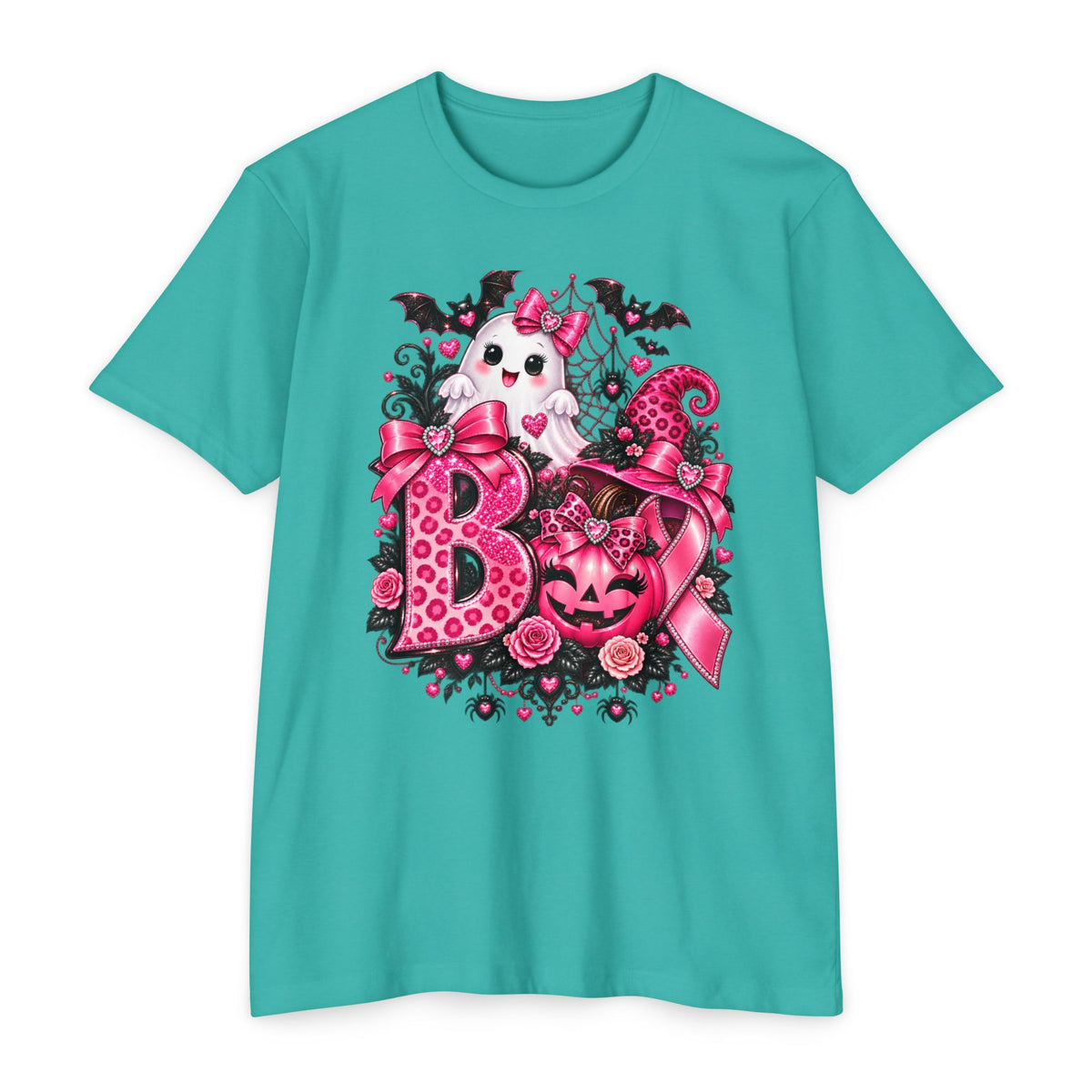 Pink Halloween Boo T-Shirt – Cute Ghost Pumpkin Pink Ribbon Spooky Tee for Women