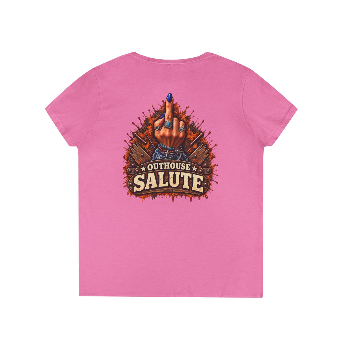 Outhouse Salute V-Neck Tee — Bold Back Graphic Ladies' T-Shirt