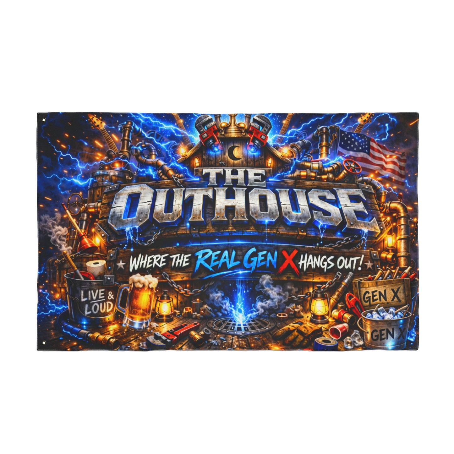 The OutHouse Gen X Flag | Where the Real Gen X Hangs Out | Built Different Garage & Man Cave Decor
