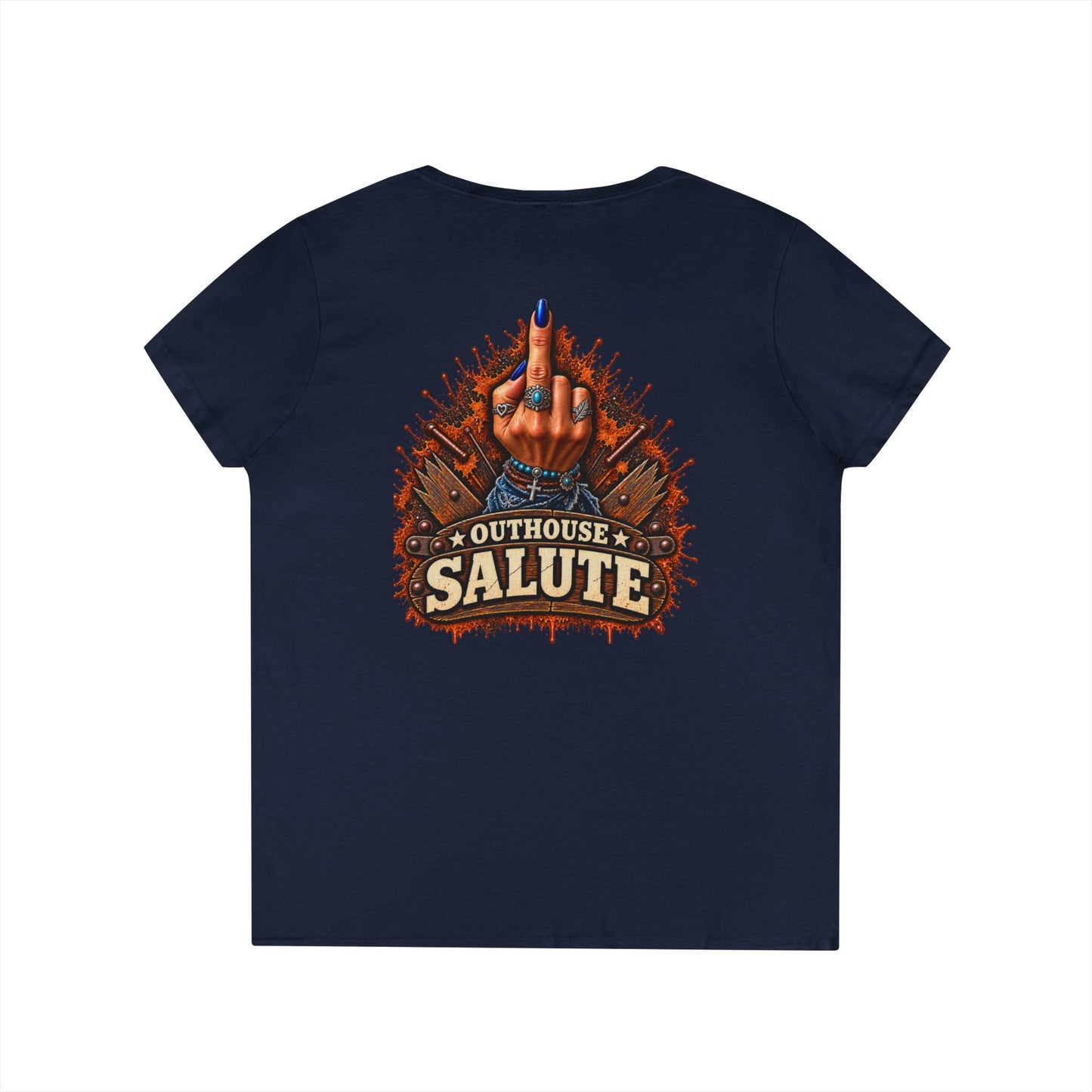 Outhouse Salute V-Neck Tee — Bold Back Graphic Ladies' T-Shirt