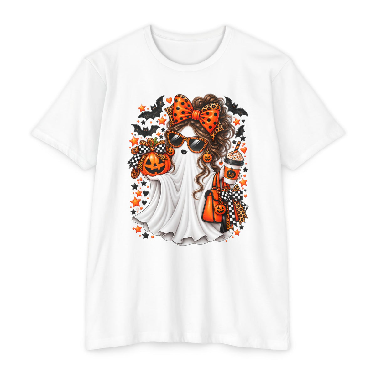 Cute Halloween Ghost T-Shirt – Orange Leopard Pumpkin Boo Tee for Women