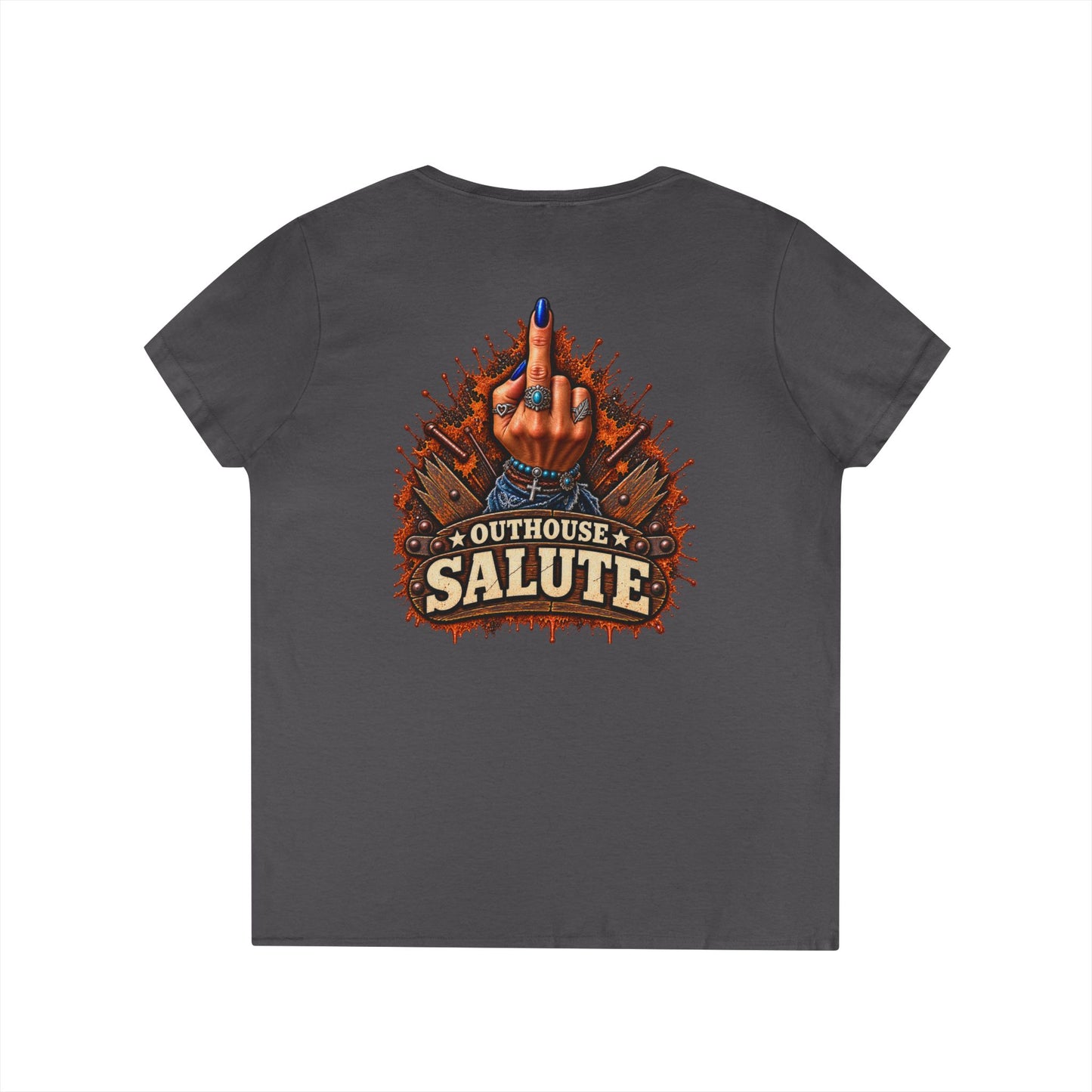 Outhouse Salute V-Neck Tee — Bold Back Graphic Ladies' T-Shirt
