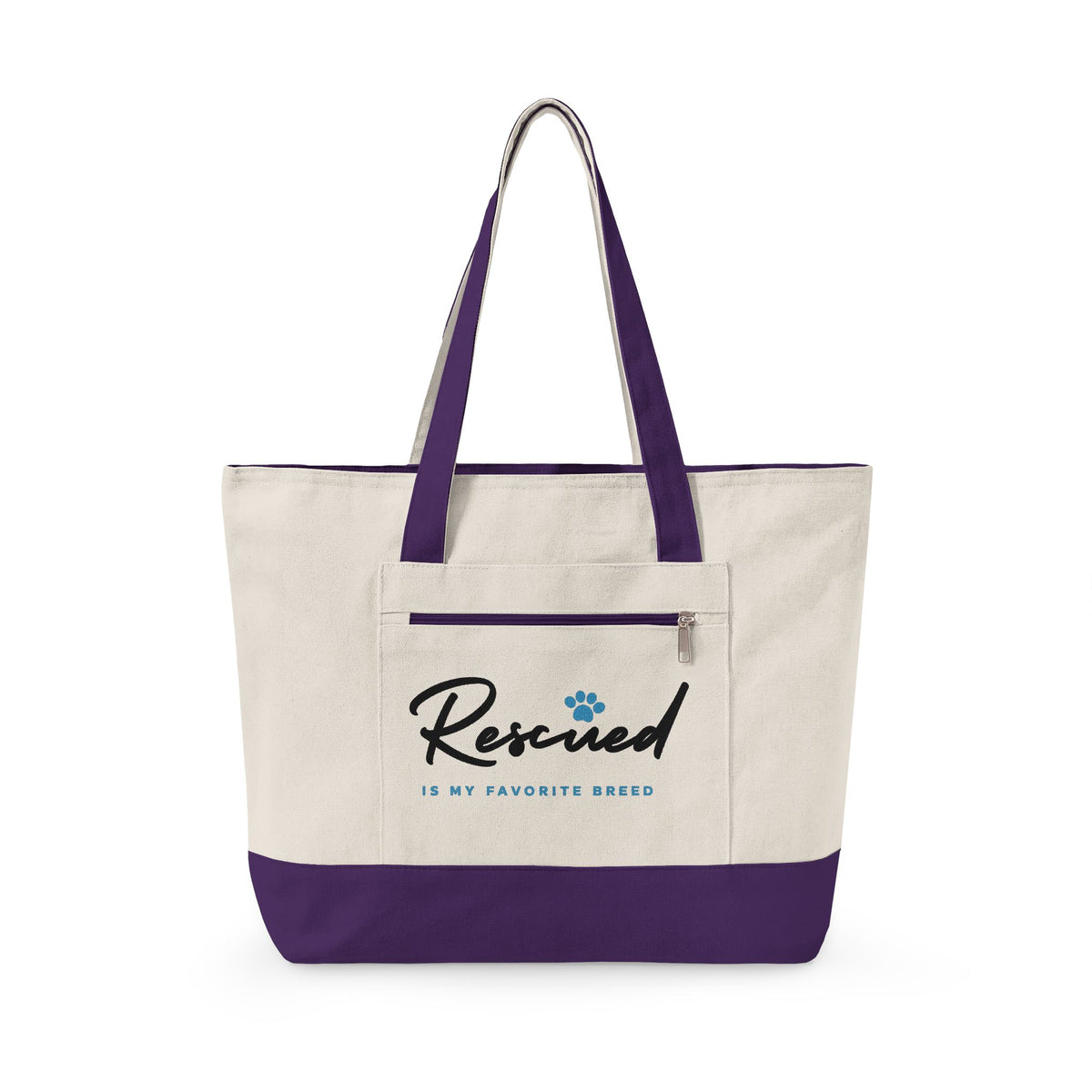 Canvas Tote Bag – "Rescued is My Favorite Breed" Zippered Reusable Shopper
