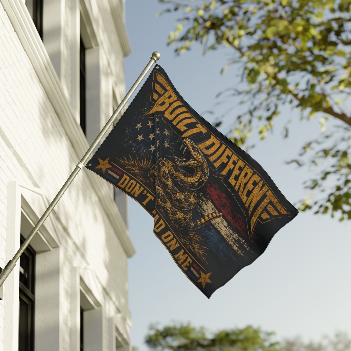 Built Different Don’t Tread on Me Flag | Gen X Distressed Americana Snake Flag | Rustic Patriotic Double-Sided Flag