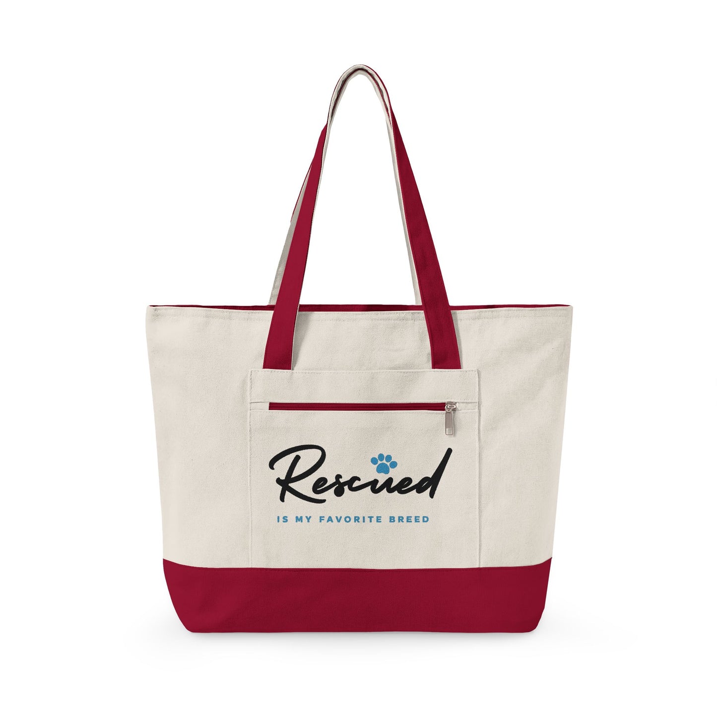 Canvas Tote Bag – "Rescued is My Favorite Breed" Zippered Reusable Shopper