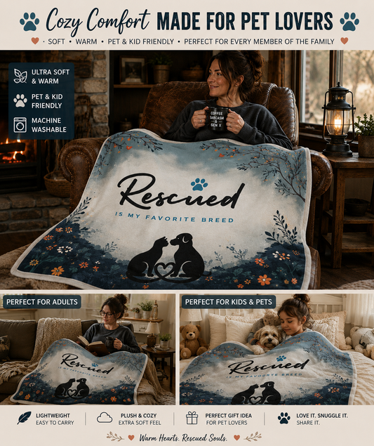 Velveteen Plush Blanket - Rescued is my favorite breed adopt don't shop
