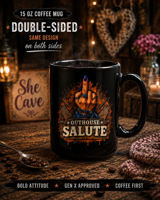 Outhouse Salute 15oz Black Mug — Funny Gen X Women’s Middle Finger Coffee Cup