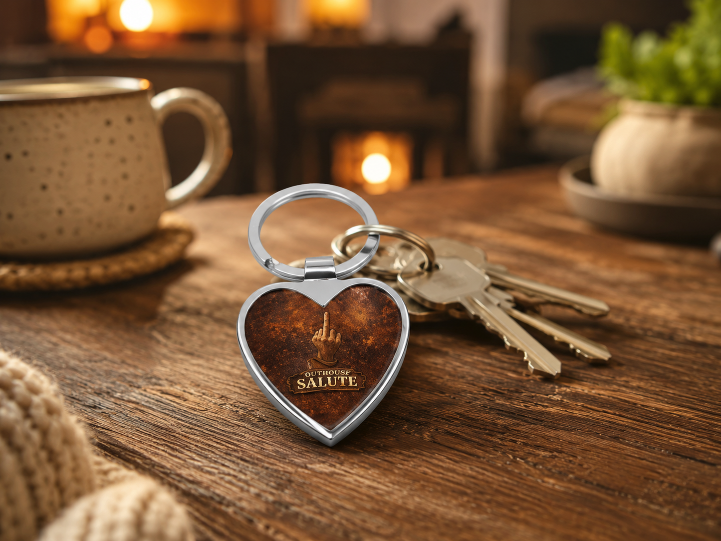 Outhouse Salute Heart Keychain — Funny Heart-Shaped Keyring with Salute Graphic