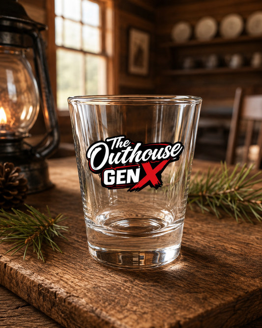 The Outhouse Gen X Shot Glass — 1.5oz Retro Logo Shooter