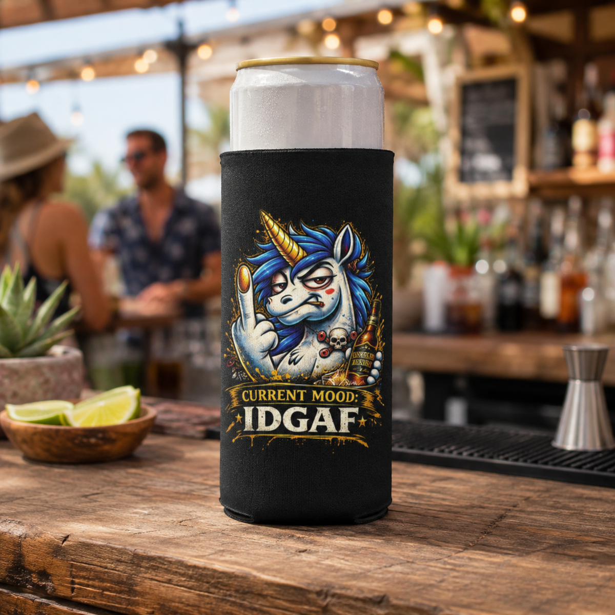 Current Mood IDGAF Can Cooler — Funny Gen X Unicorn Neoprene Koozi