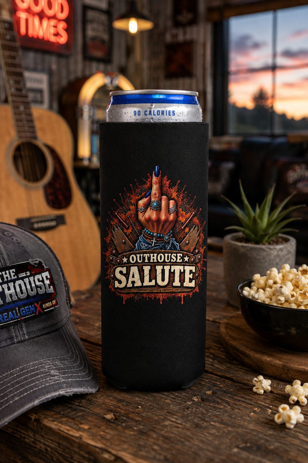 Outhouse Salute Women’s Can Cooler — Funny Gen X Neoprene Koozie
