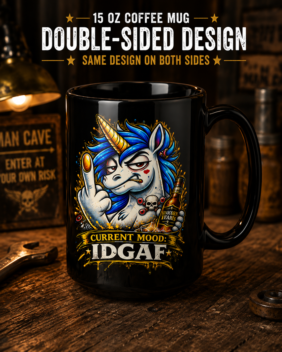 Current Mood IDGAF 15oz Black Mug — Funny Gen X Unicorn Coffee Cup