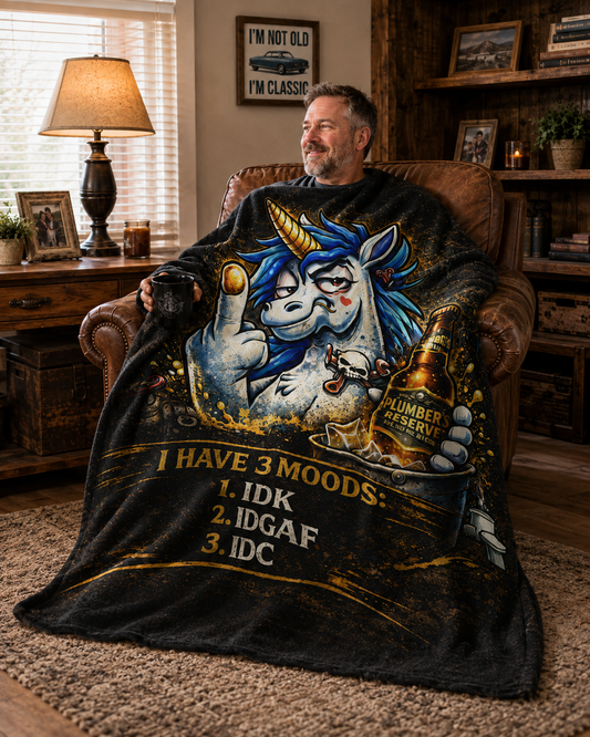 Velveteen Plush Blanket — Funny Unicorn ‘I Have 3 Moods: IDK, IDC, IDGAF’ Throw