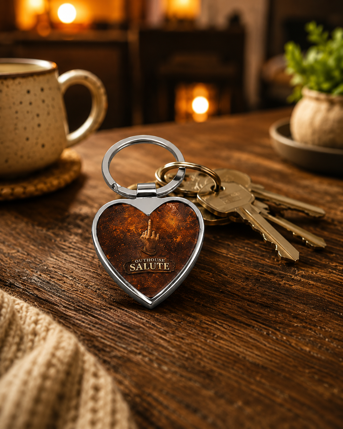 Outhouse Salute Heart Keychain — Funny Heart-Shaped Keyring with Salute Graphic