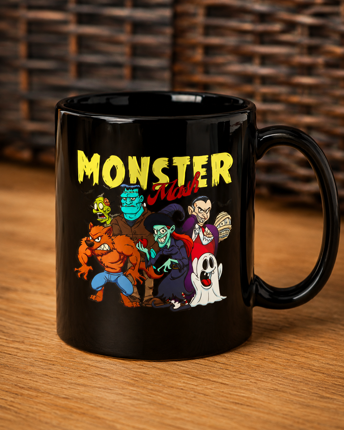 Monster Mash Party 11oz Black Mug — Retro Halloween Gen X Coffee Cup