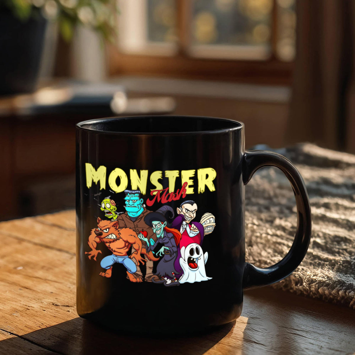 Monster Mash Party 11oz Black Mug — Retro Halloween Gen X Coffee Cup