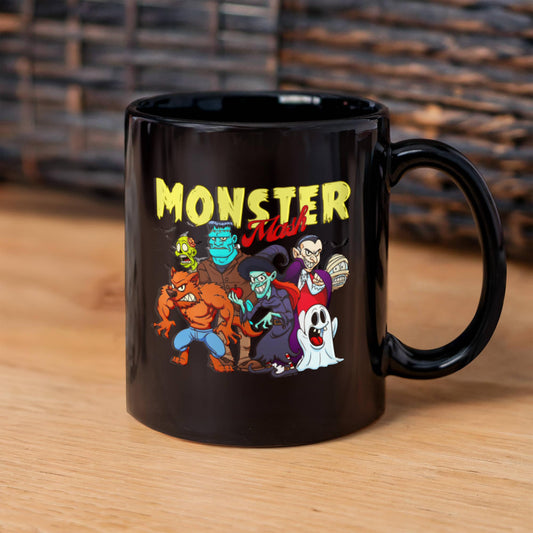 Monster Mash Party 11oz Black Mug — Retro Halloween Gen X Coffee Cup